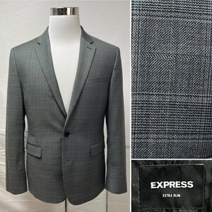 Express Men’s Size 40R Gray Plaid Extra Slim Stretch Wool Blend Blazer Jacket